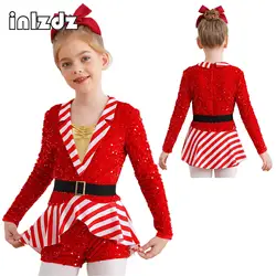 Kids Girls Candy Cane Striped Sequins Ballet Dance Shorty Unitard Dress Christmas Costume Moden Jazz Latin Performance Dancewear