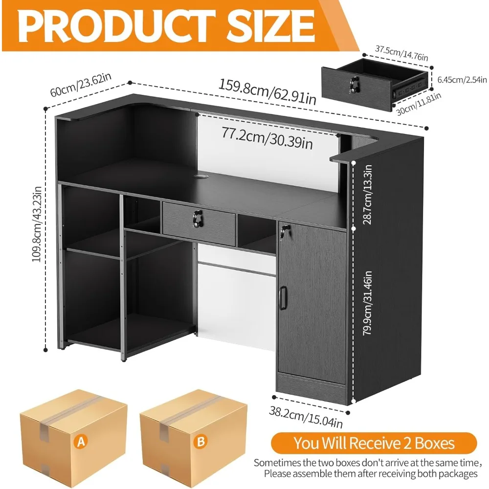 PAKASEPT Modern Reception Desk with LED Lights, 63 Inches Front Counter Table with Lockable Drawer & Shelves, Checkout Counter f