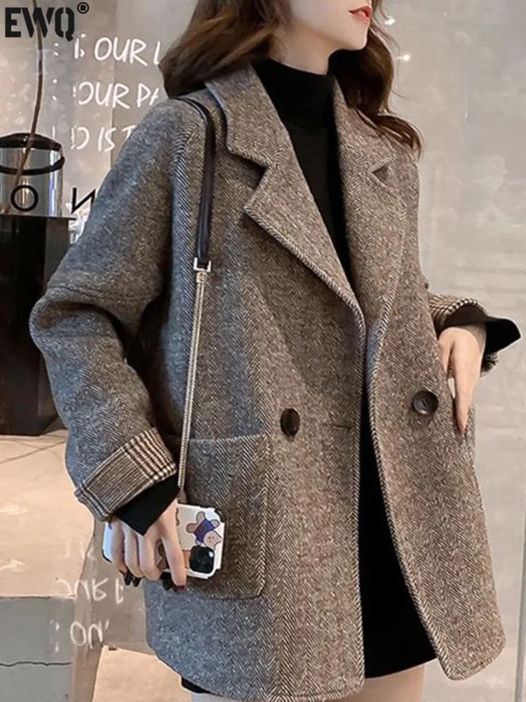 [EWQ] England Style Long Sleeve Double Breasted Double-faced Cashmere Coat Women Winter Woolen Jacket 2024 Autumn New 16O2485