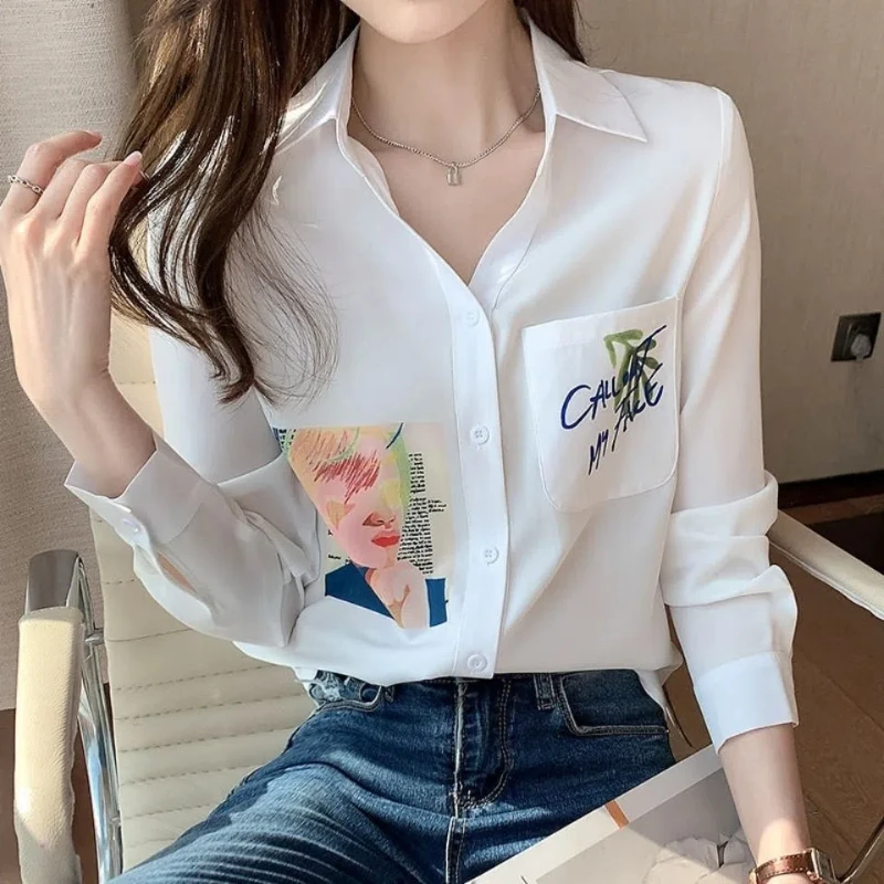 Women Clothing Temperament White Shirt Tops Spring Autumn New Solid Polo Neck Long Sleeve Printing Office Blouse Fashion Elegant