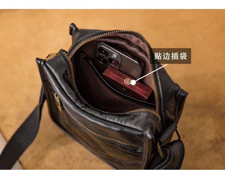 Simple casual designer handmade first layer cowhide men's mobile phone bag outdoor weekend daily genuine leather shoulder bag