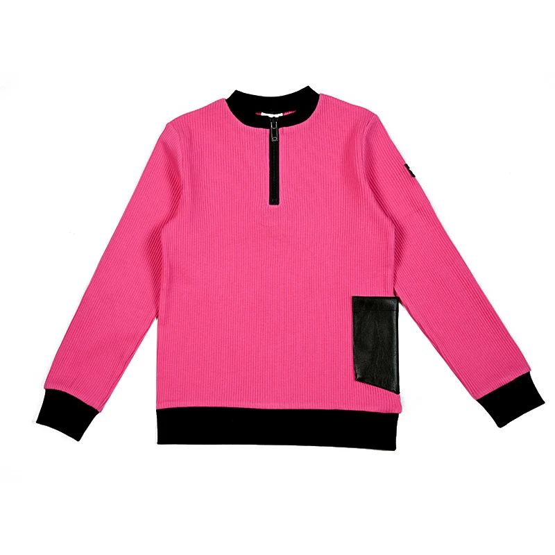 Leather Pocket Ribbed Collection – Pink Long Shirt