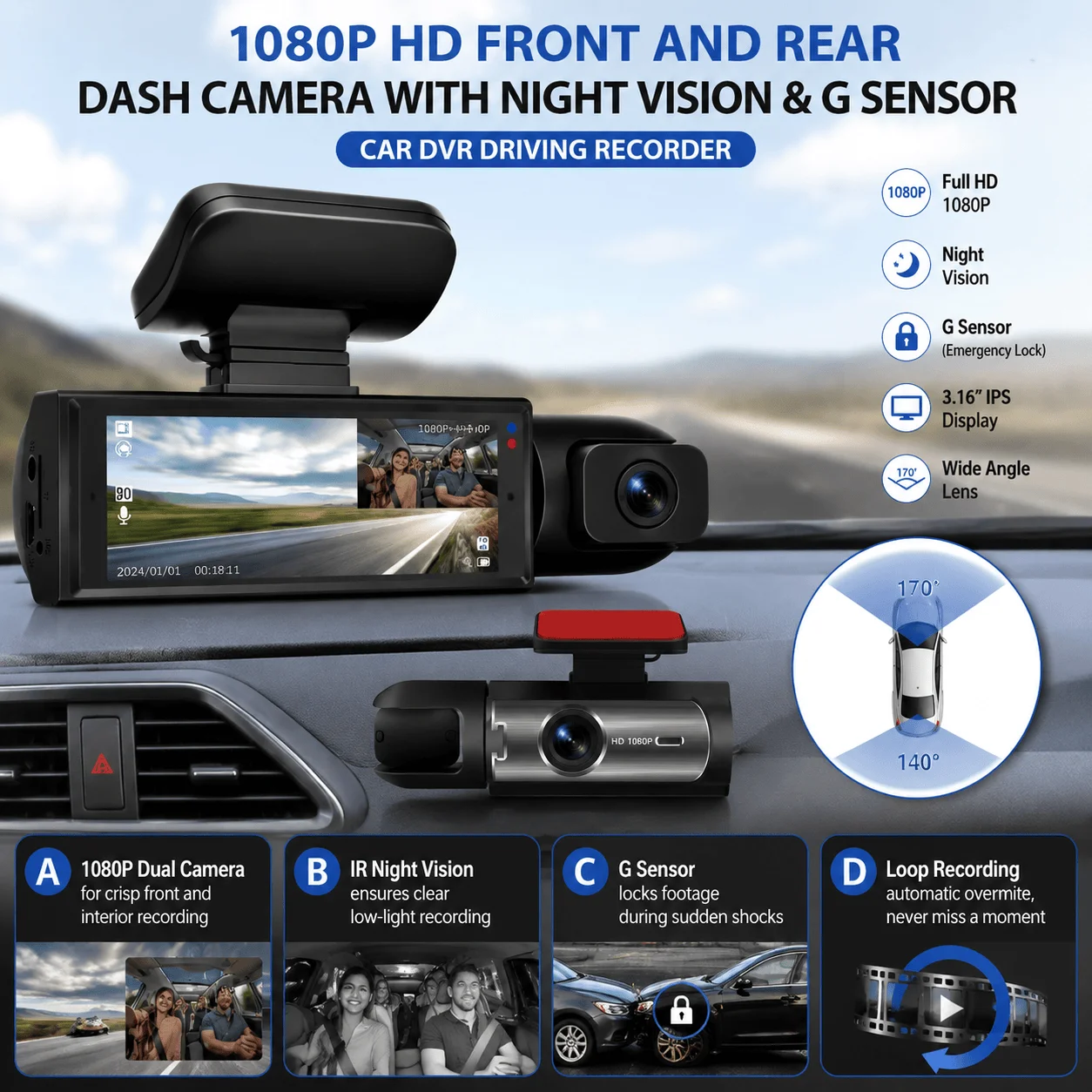 Cámara de salpicadero delantera y trasera HD 1080P para coche, grabadora de conducción con visión nocturna IR, sensor G, pantalla IPS de 3.16 pulgadas, cámara DVR de alta claridad para vehículo, grabación de gran angular, visión nocturna, monitor de aparcamiento y soporte para grabación en bucle