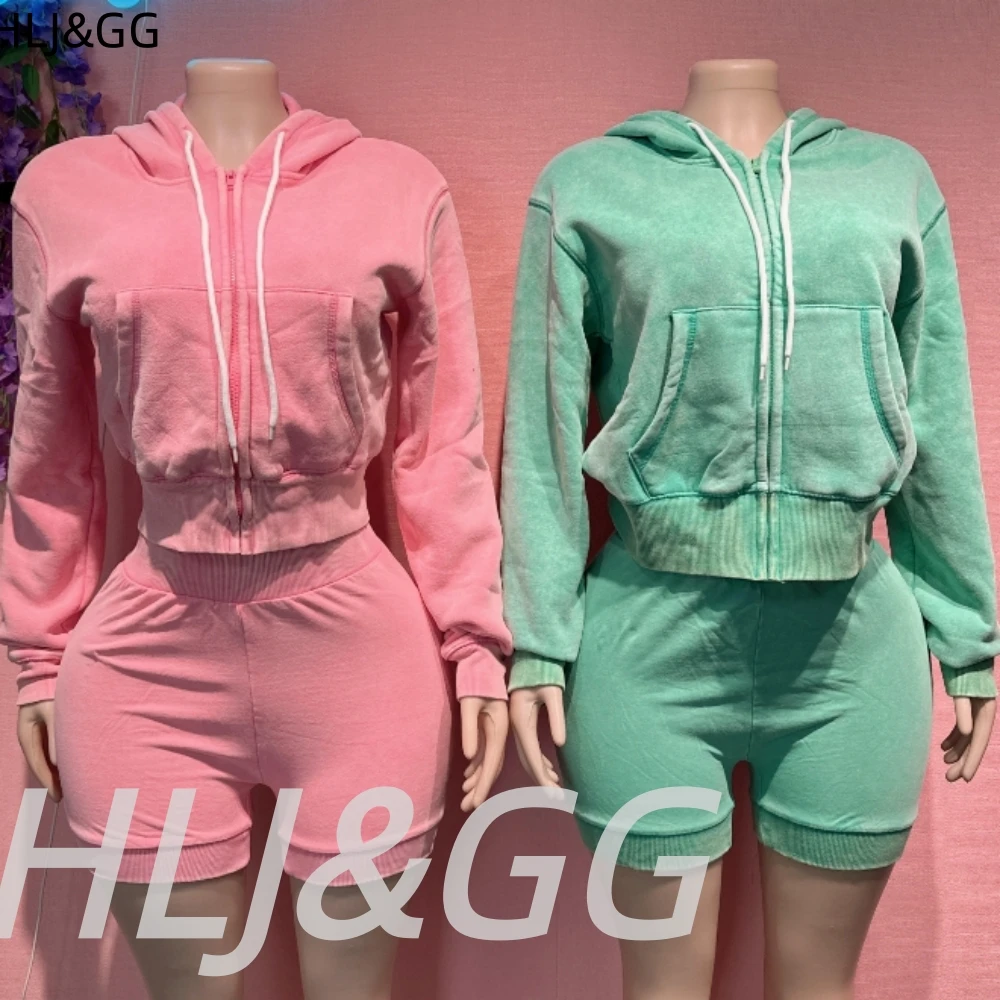 HLJ&GG High Quality Washed Casual Zip Hooded Two Piece Sets Women Long Sleeve Top+Biker Shorts Outfits Fashion Sporty Streetwear - Image 4