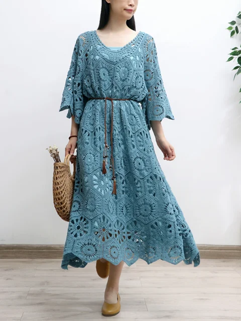 TIYIHAILEY Primavera Verano mujeres tejer vestidos de ganchillo media manga acampanada azul rojo ropa suelta de mujer moda larga a media pantorrilla
