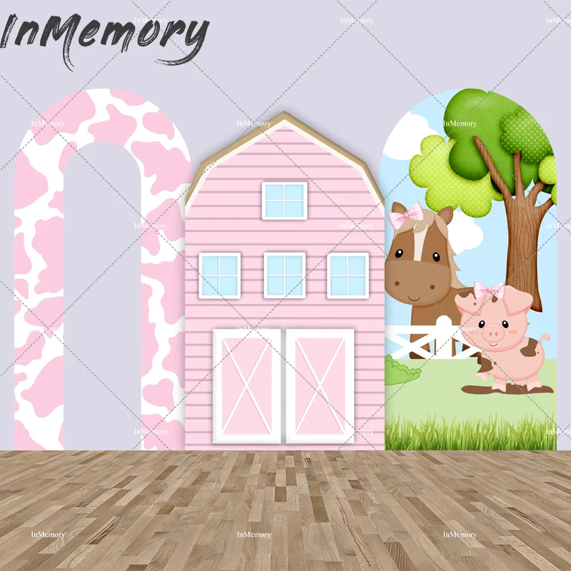 Open Wall Cow Print Baby Birthday Background Cartoon Animals Pink Barn House Arch Chiara Backdrops Banner Photobooth