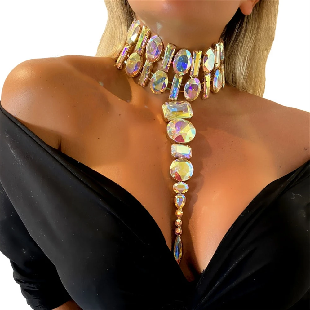 

Fashion Show Rhinestone Collar Necklace Chain Jewelry for Women Shiny Crystal Long Drop Pendant Luxury Bridal Accessories