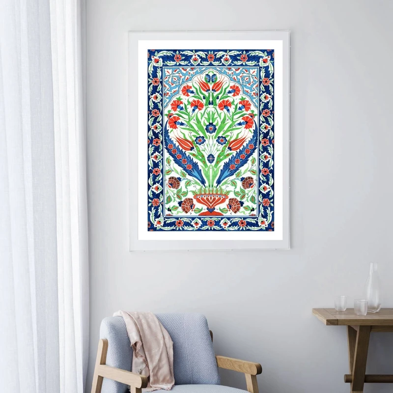 Turkish Ornament Tile Watercolor Art Painting Ottoman Iznik Tile Design Canvas Poster Traditional Istanbul Floral Prints Decor