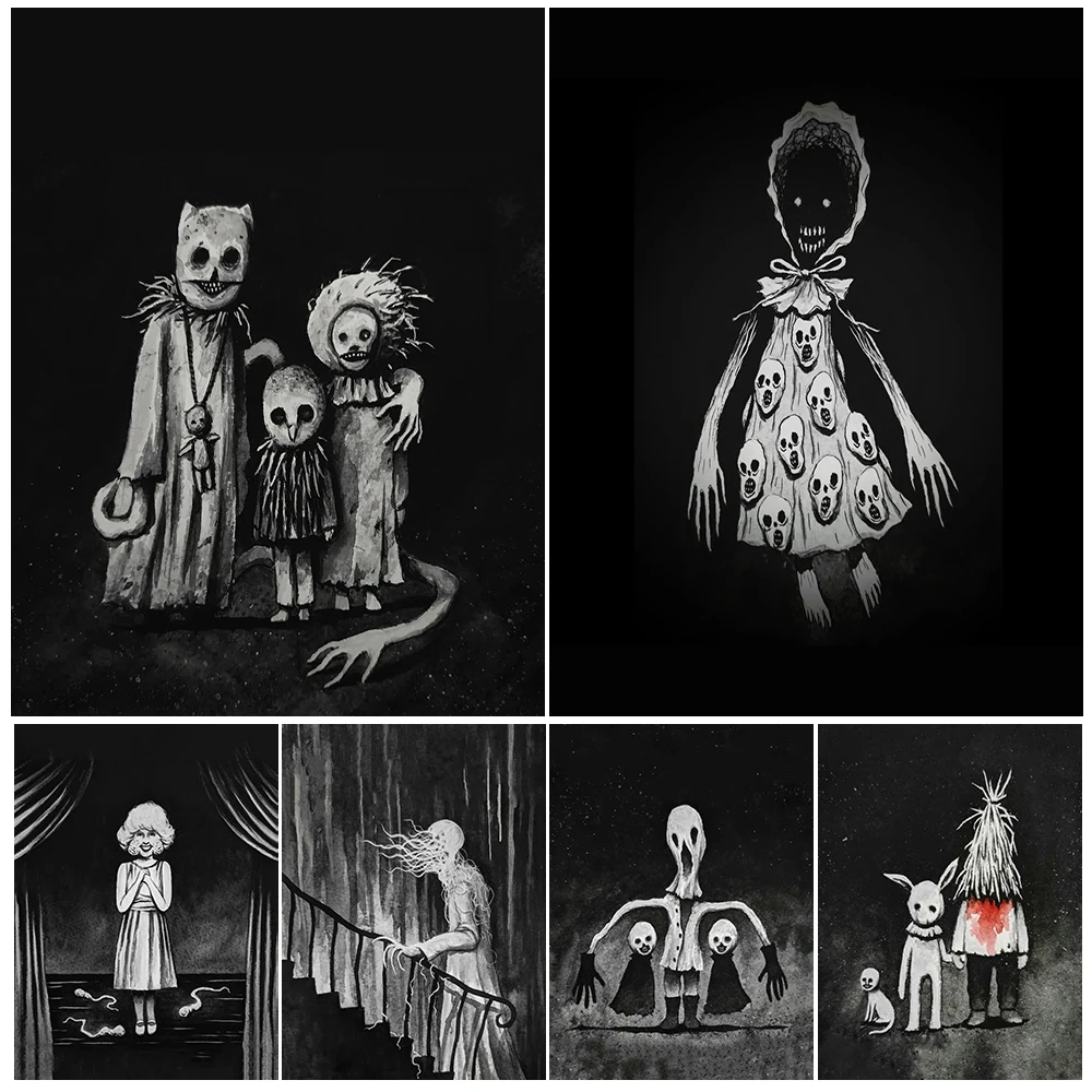 Ghost Family Folk Horror Abstract Wall Art Canvas Painting Devil And Death Black-White Gothic Art Poster And Print Home Decor