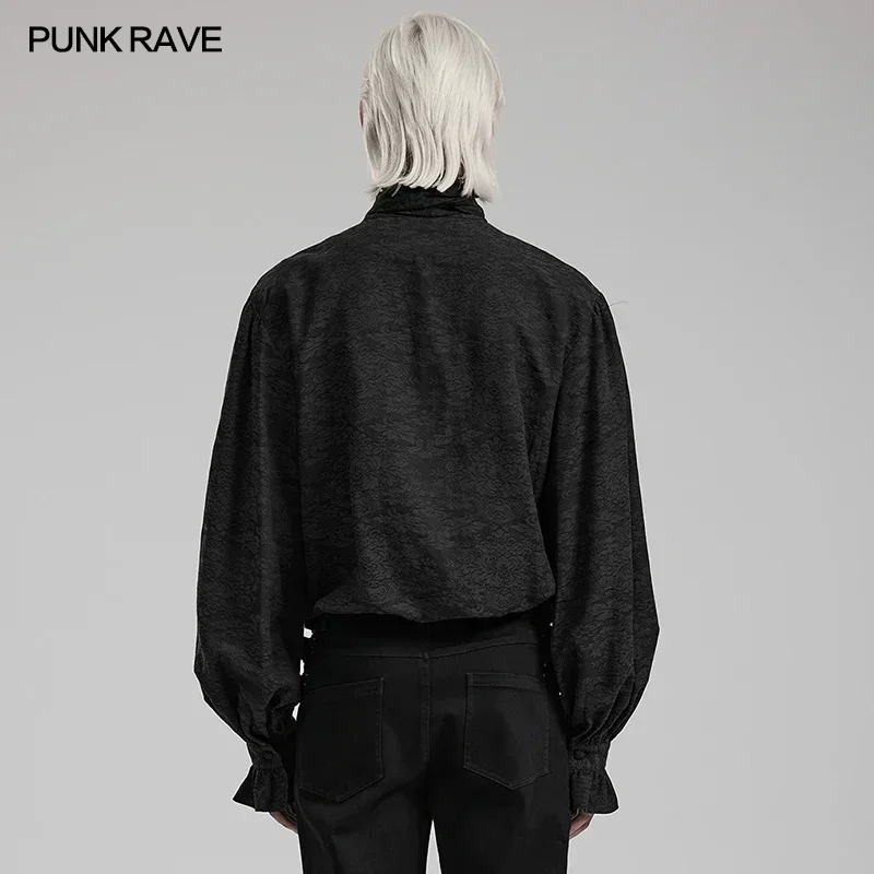 PUNK RAVE Men\'s Gothic Ruffled Small Standing Collar Jacquard Shirt Party Club Detachable Bow Tie Black Tops Shirts Men Clothing