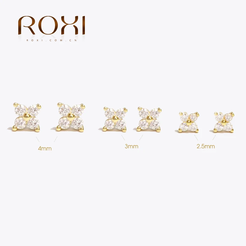 ROXI 925 srebrny kryształowy kwiat kolczyki sztyfty do piercingu dla kobiet 3/4/5mm małe kolczyki na chrząstkę piękna cyrkonia kolczyki damskie