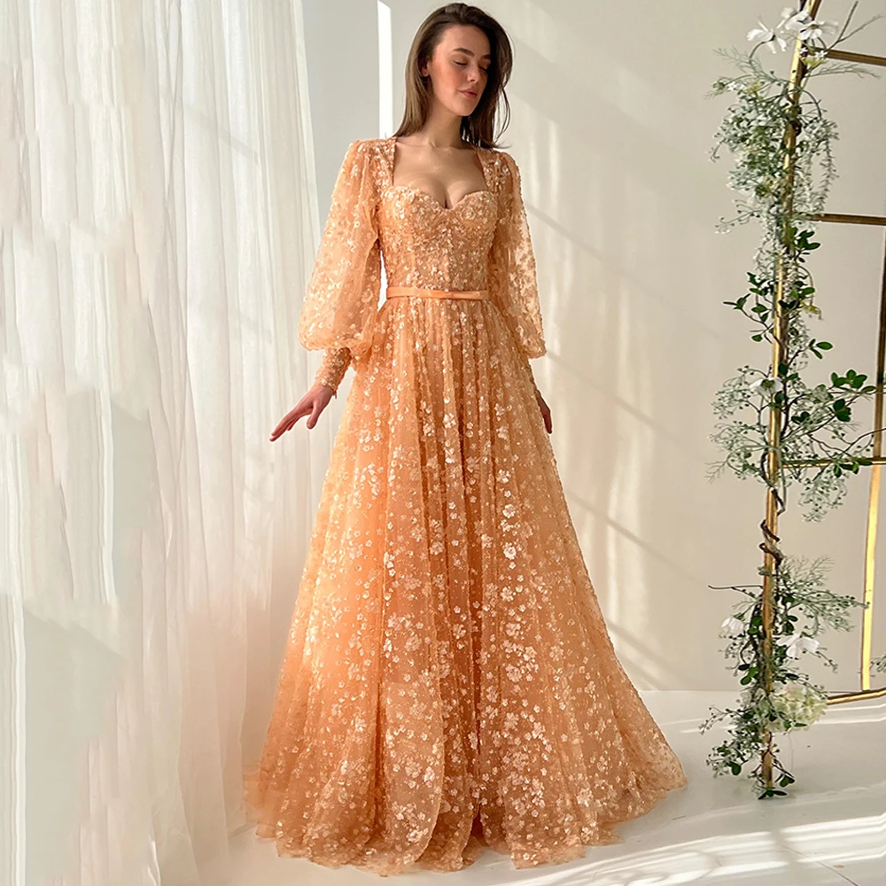 Sparkling Sequined Evening Dress Customized Puff Sleeves Sweetheart A Line Sweep Train Corset Prom Dresses Party Gown