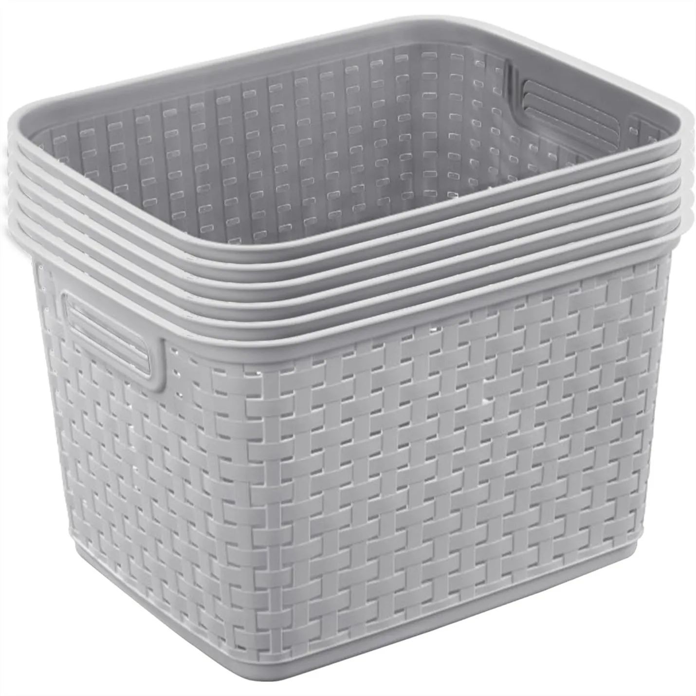 

Woven Plastic Storage Baskets with Handles for Organization, Cement Gray - 6-Pack for Bedroom, Bathroom, Laundry Room