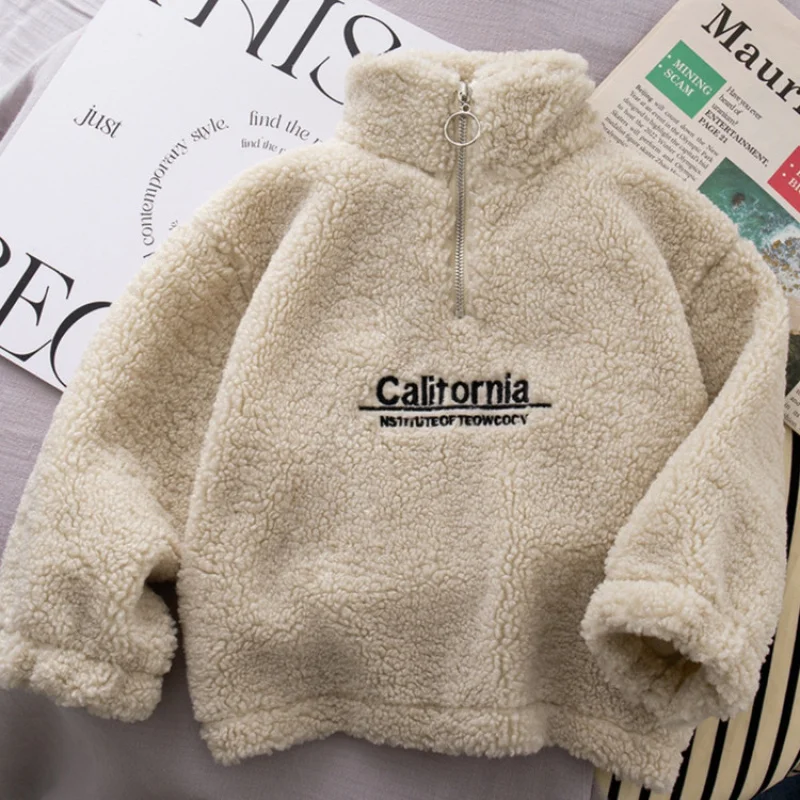 

2025New Sweet Cool Style Lamb Wool Plush Sweatshirt for Women Loose Long Thick Coat Autumn Winter Style