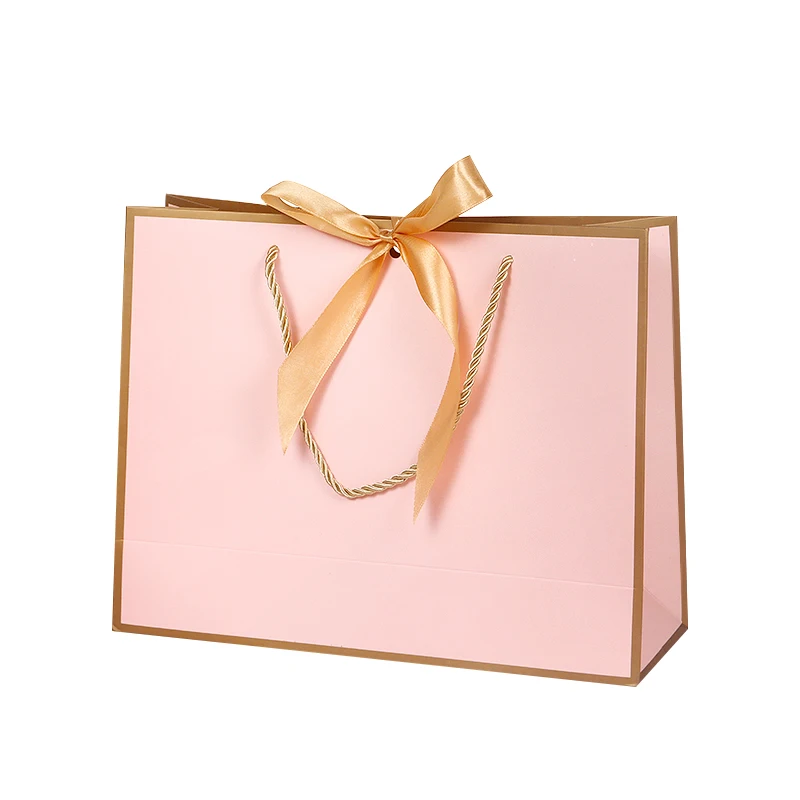 10pcs/lot High Quality Pretty Pink Gift Bag Gift Box Ornament Pajama Book Black Handle With Ribbon Paper Box Bag Kraft Packaging