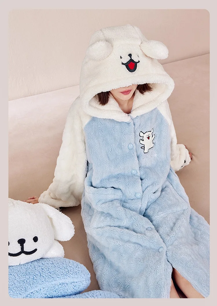 Women's Winter Coral Fleece Robe Cute Line Dog Print Hooded One-Piece Pajamas Thickened Loose Plus Size Loungewear
