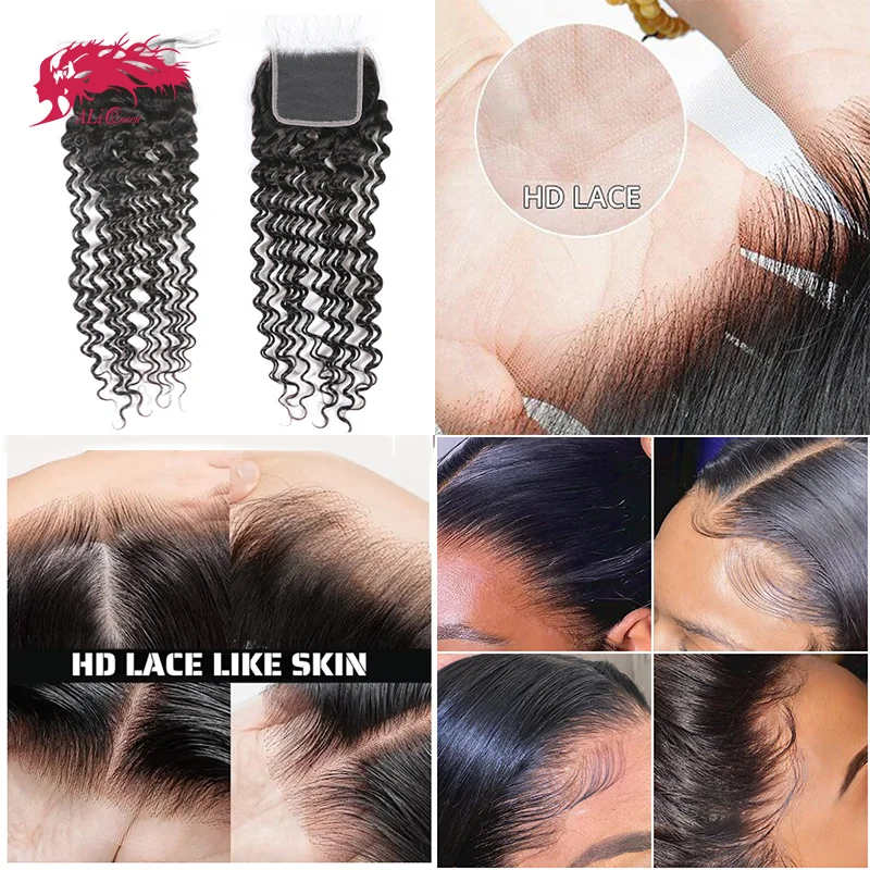 

Волосы Ali Queen 4x4 5x5 6x6, глубокая волна, настоящая HD кружевная застежка, невидимая расплавленная кожа, полная фронтальная часть, 13x6, 13x4, индийские девственные волосы