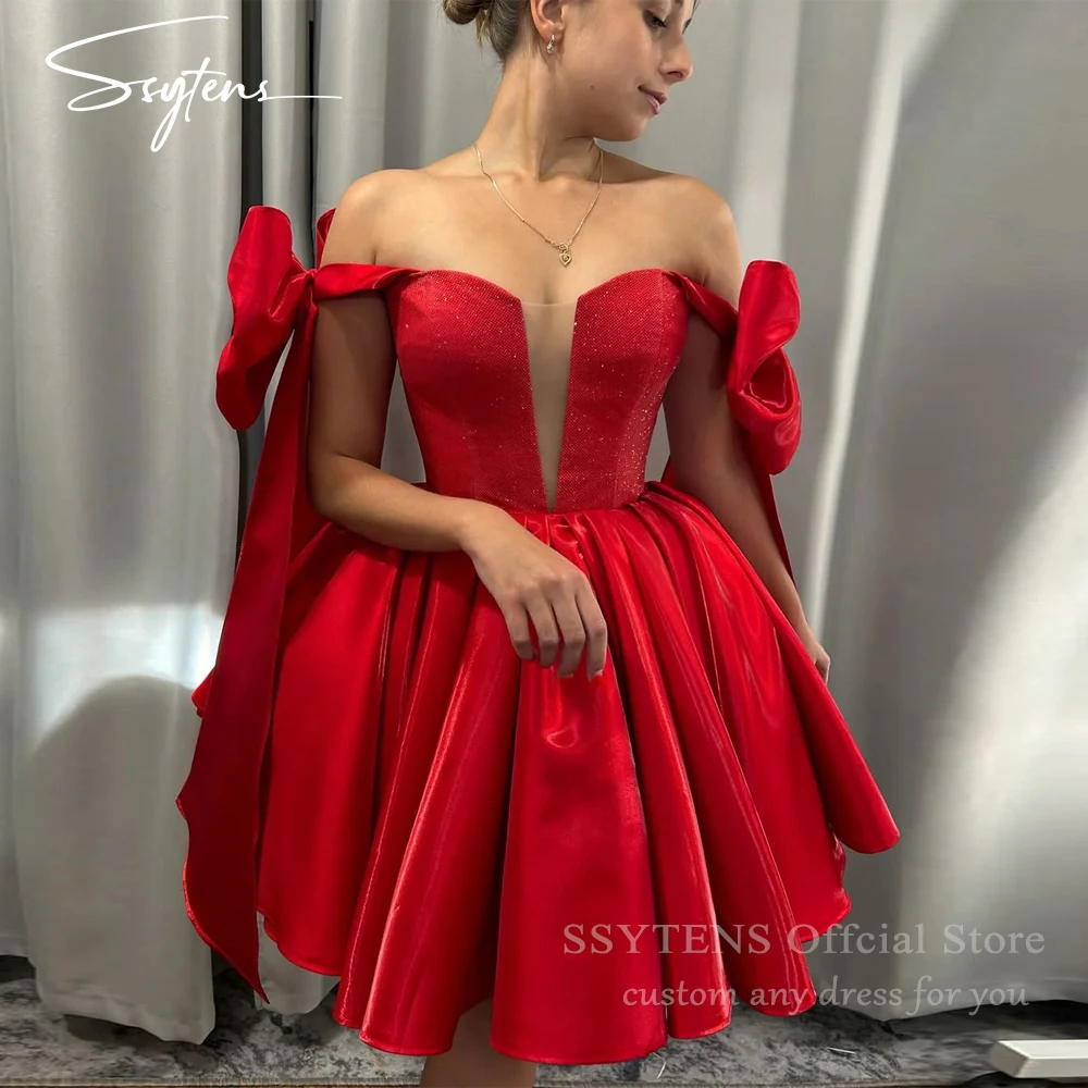 

SSYTENS Shiny Short Porm Dresses Red Satin Bow Straps Vestidos De Fiesta Mini A Line Graduation Outfit Women Dress Customized
