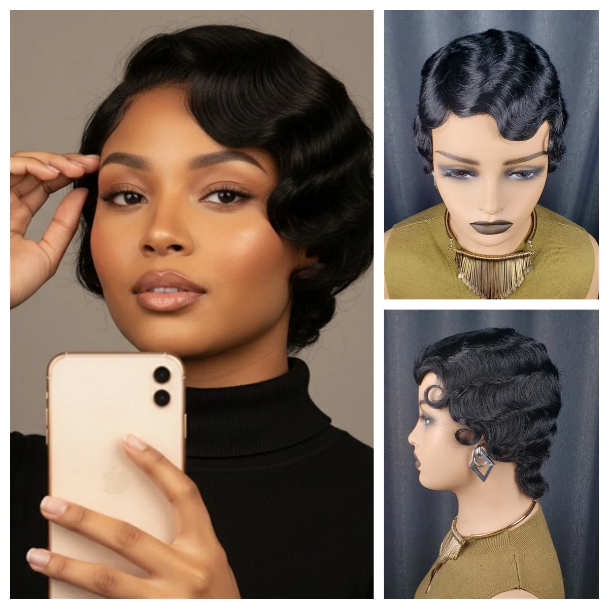 짧은 핑거 웨이브 픽시 컷 가발, 오션 웨이브 가발, 흑인 여성용 인모 레미 숏 레이어드 머신 메이드 밥 가발