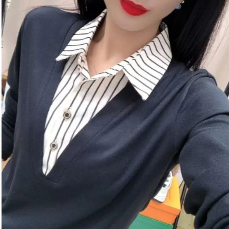 Autumn Winter Women's Pullover Turn-down Collar Striped Button Solid Color Patchwork Lantern Long Sleeved T-shirt Casual Tops