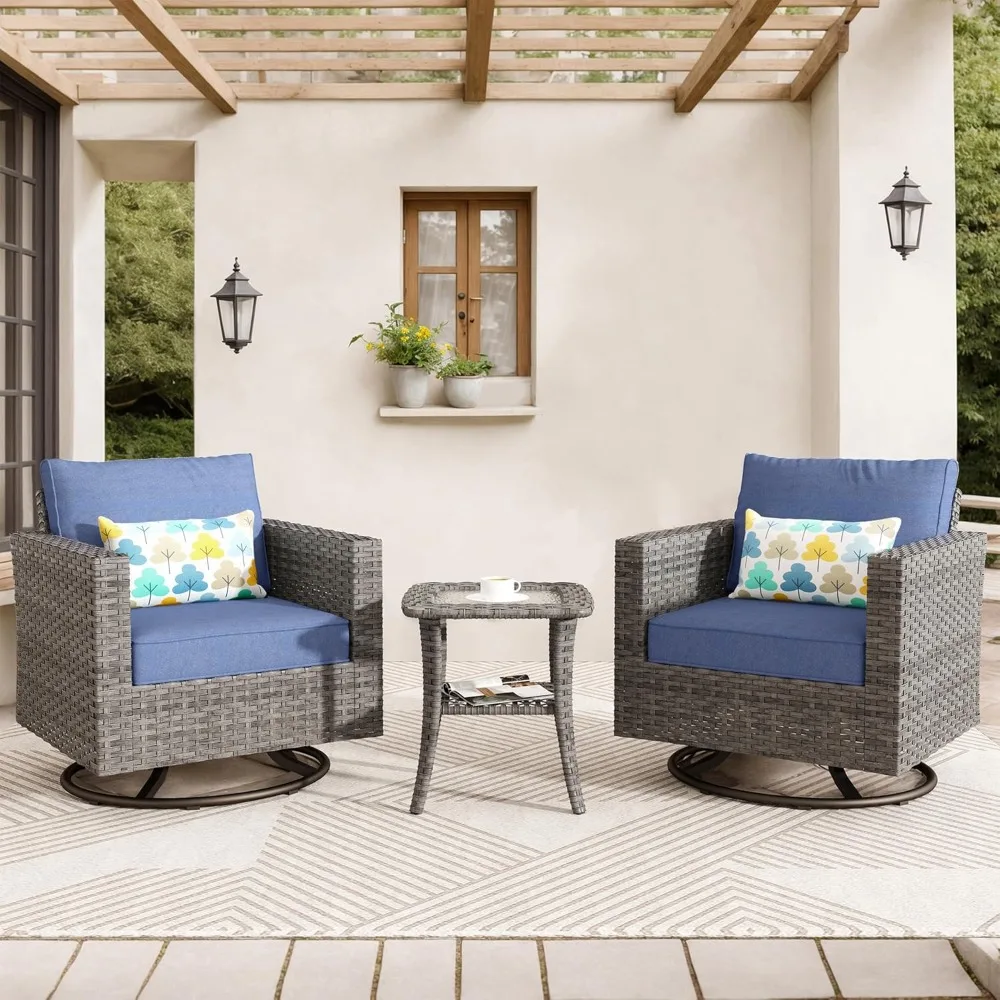 

3 Pieces Patio Swivel Chairs with Side Table, Outdoor Wicker Rocking Chairs of 2 with Comfy Cushions, Rattan Glider Rocker Bist