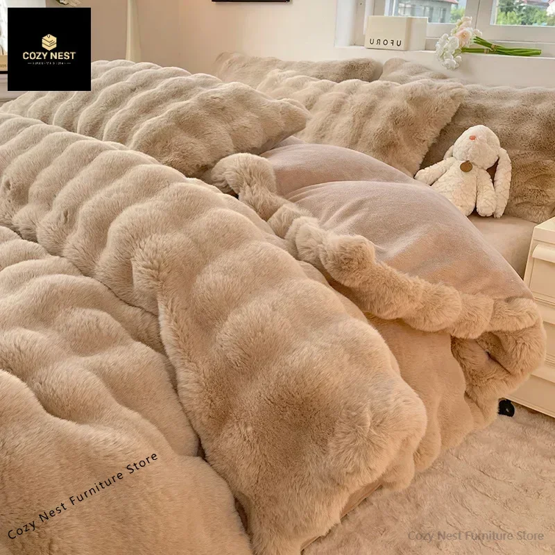 4pcs Grey Rabbit Fur Bedding Set Thick Milk Plush Winter Duvet Cover Warm Bed Sheets, Queen Size Four Piece Set  Bedroom Decor