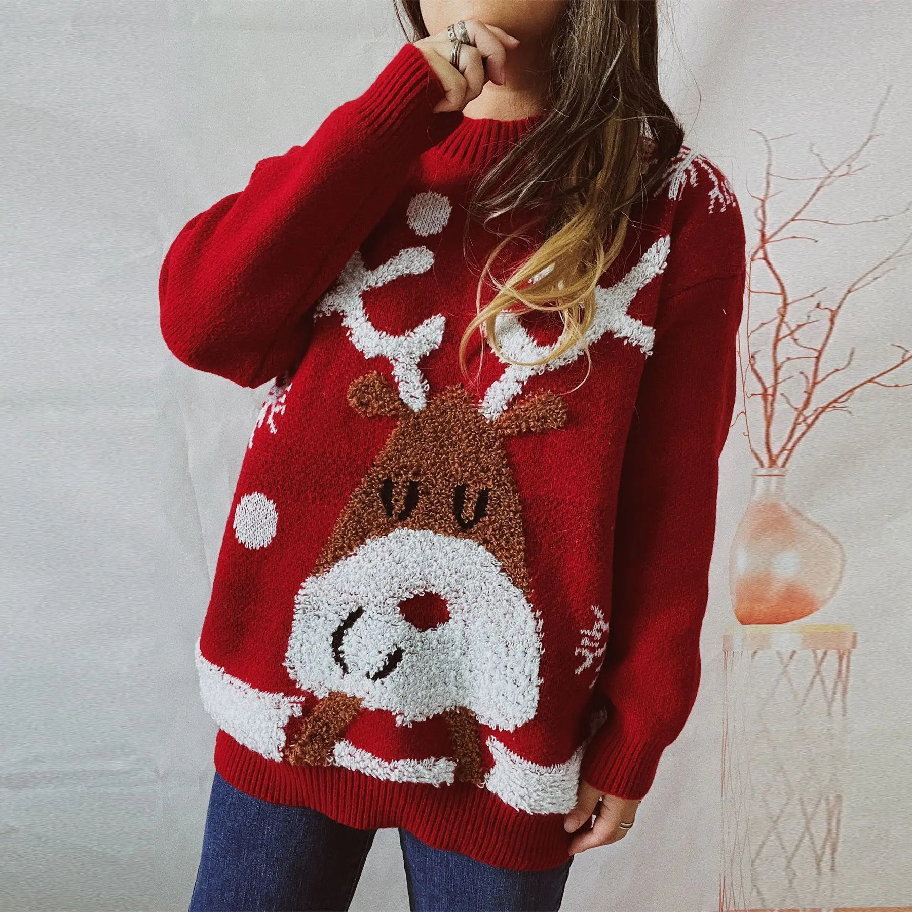 Christmas Elk Jacquard Knitted Sweaters Women Fashion Loose O Neck Long Sleeve Holiday Party Sweater Christmas Knitting Sweater