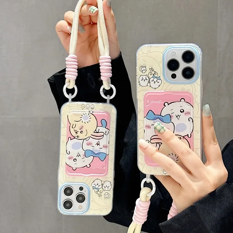 Cute Cartoon Chiikawa Card Bag Mobile Phone Case with Lanyard for IPhone 15ProMax 15 14 13 12 ProMax Phone Case