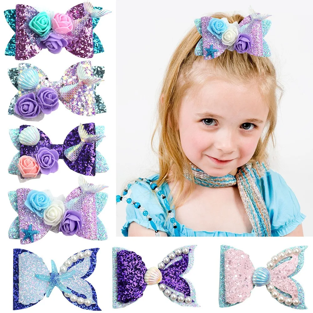 

24pcs Mermaid Hair Clips for Babies Glitter Pearl Flower Barrettes Cartoon Swan Bows Hairpins Girls Headwear Wholesale Lot