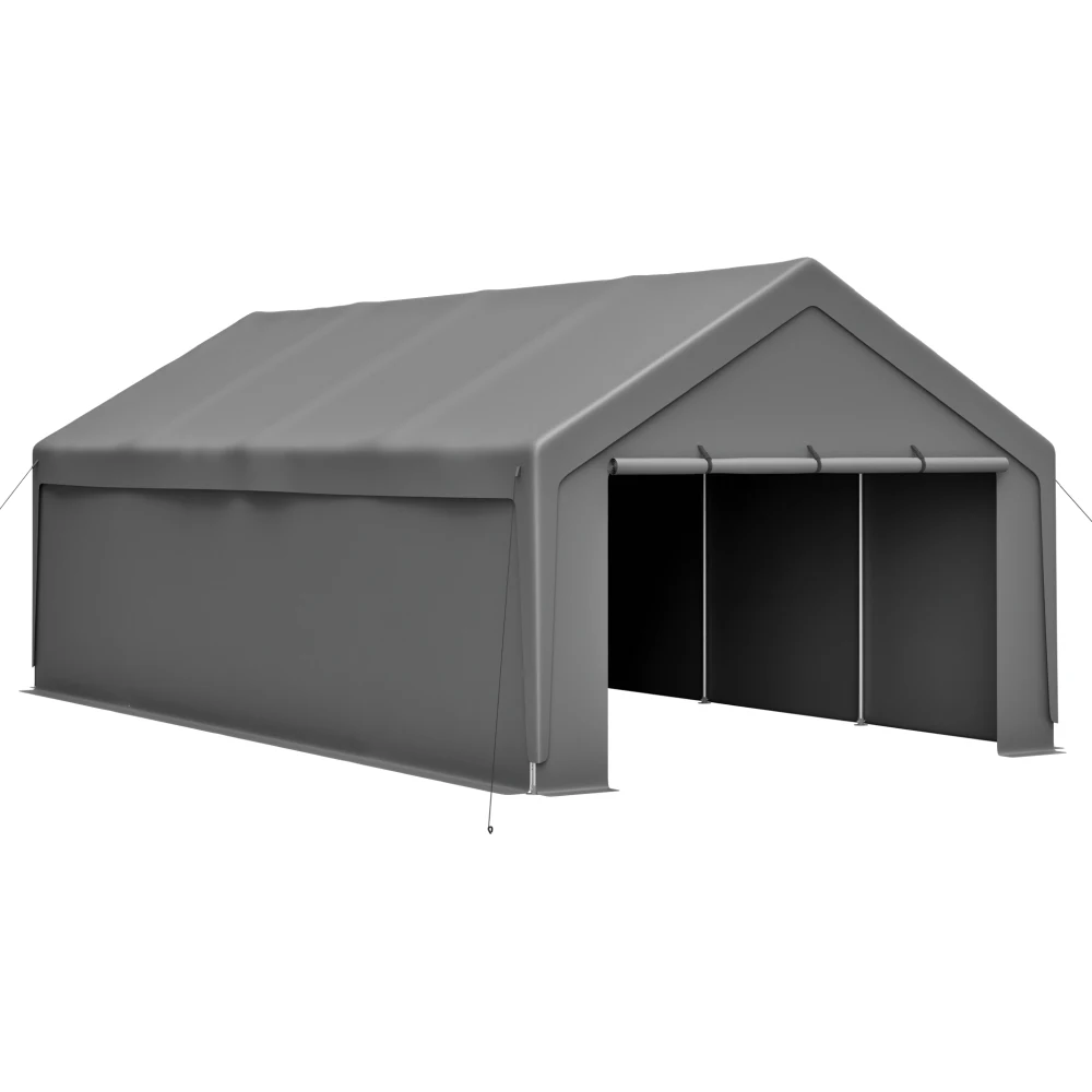 13x25 FT Schwerlast-Carport, wasserdichtes Auto-Vordach für den Außenbereich mit verzinktem Stahlrahmen, UV-beständiger grauer Plane, aufrollbares Fenster & abnehmbare Seitenwände, stabile 8