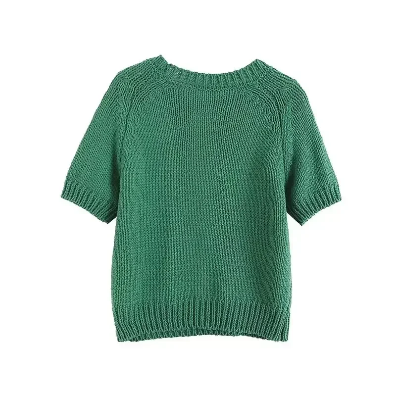 Ladies 2023 Fashion Chic French Short Knitted Round Neck Short Sleeve Blouse Slim Ladies Solid Color Knitted Blouse