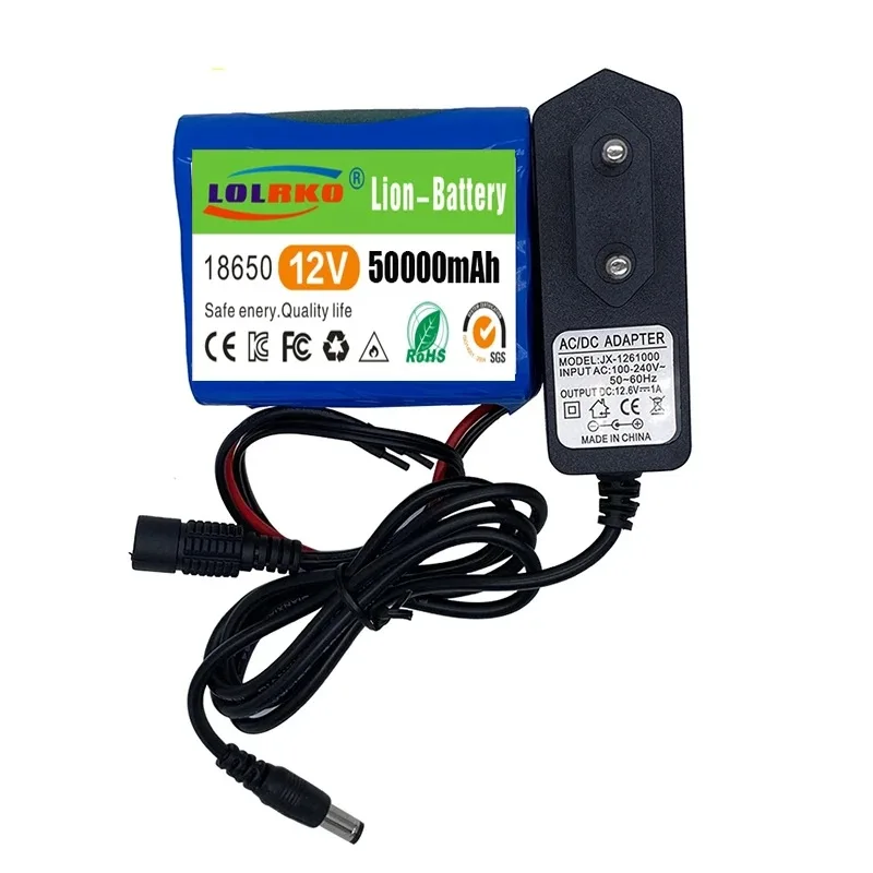 High-capacity 3S2P 12V 50000mAh rechargeable 18650 lithium-ion battery pack, equipped with BMS protection board+12V charger