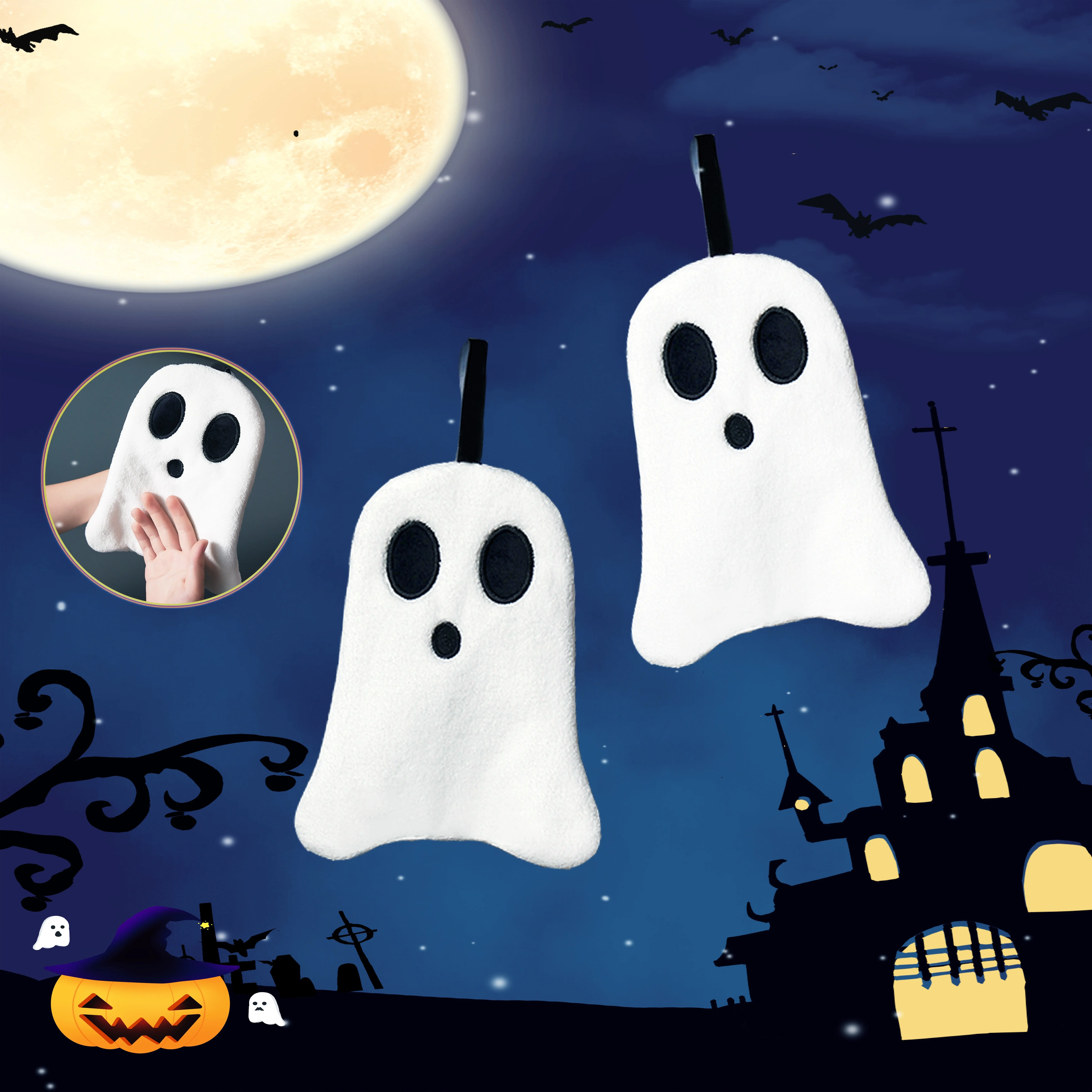 قطعة واحدة من منشفة اليد الناعمة الشبح: مثالية لديكور الهالوين - 8.6 بوصة × 7.9 بوصة - مادة الصوف المرجاني - قدرة عالية الامتصاص