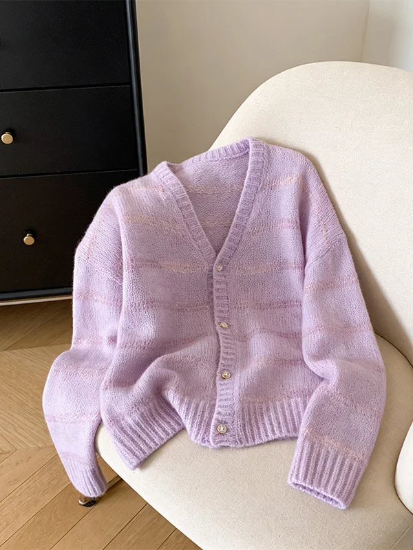 

plus Size Purple Hollow out V-Neck Long Sleeve Knitted Cardigan Women's Spring New Style Slimming Outerwear Top