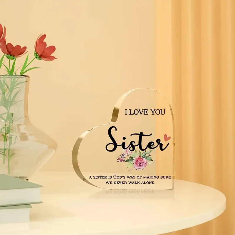 I Love You Sister Heart‑Shaped Acrylic Tabletop Plaque, Watercolor Rose Floral Faith‑Based Sister Quote Desk Keepsake Gift