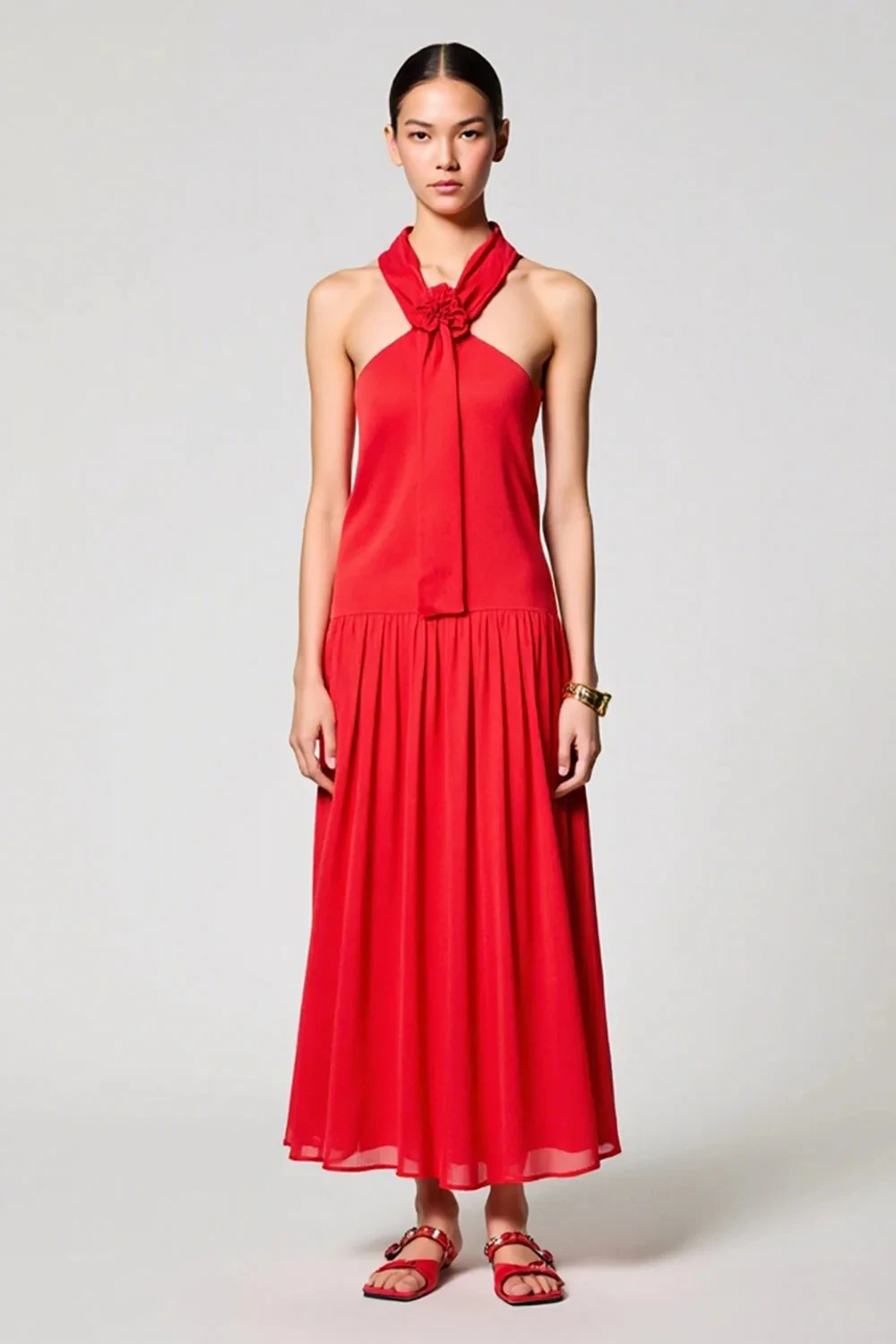 

Customized Halter Flower Party Dresses Women Sheath/Column Saudi Evening Dress Pleat Draped Birthday Long Gowns