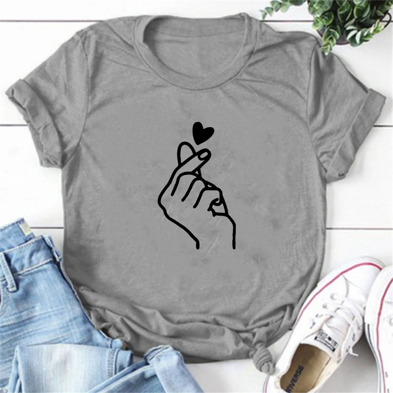 Camiseta informal con cuello redondo para mujer, camisa blanca de manga corta, Camiseta con estampado gráfico de amor