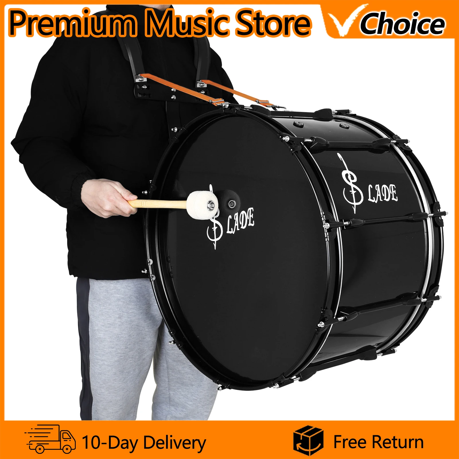 SLADE 22 Inch Black Marching Drum Percussion Instrument for Marching Band Parade Performance with Carrier Frame Stand Strap
