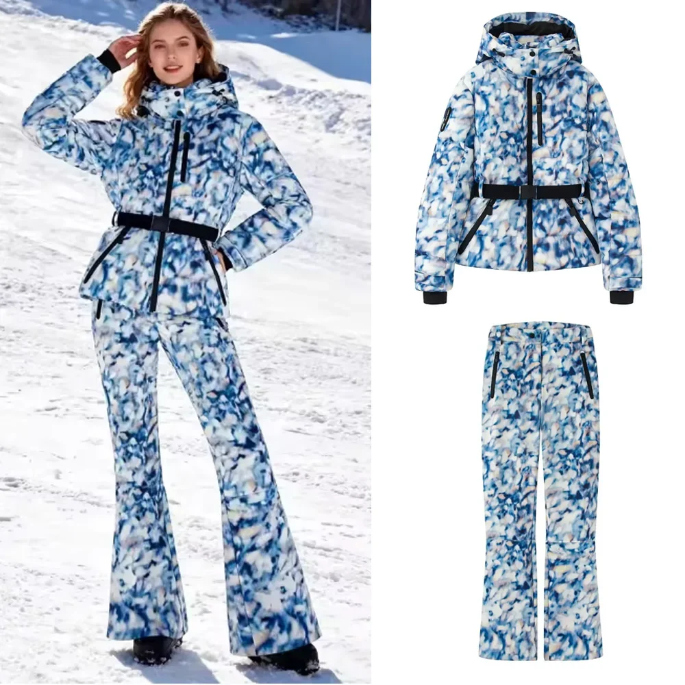 女性の冬のフード付きパッド入りスポーツパーカーパンツ 2 個セットベルト女性エレガントな暖かい防風スキーコートジャケットズボン