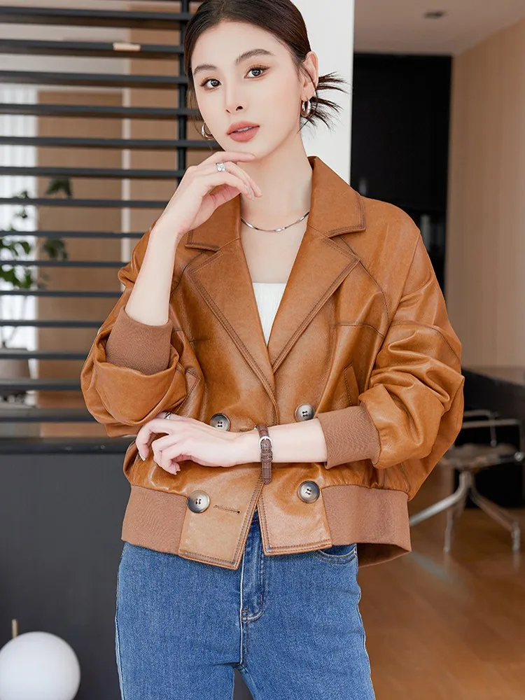 المرأة خمر سترة جلدية حقيقية فضفاضة تناسب مزدوجة الصدر ترتيب الأسرة طوق الشارع الشهير جلد الغنم الحقيقي دراجة نارية معطف قصير #3