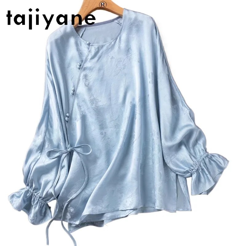 

TAJIYANE 100% Mulberry Silk Blouses for Woman Elegant Blue Jacquard Satin Shirt Ruffle Loose Tops 2026 Spring Women Clothes زارا