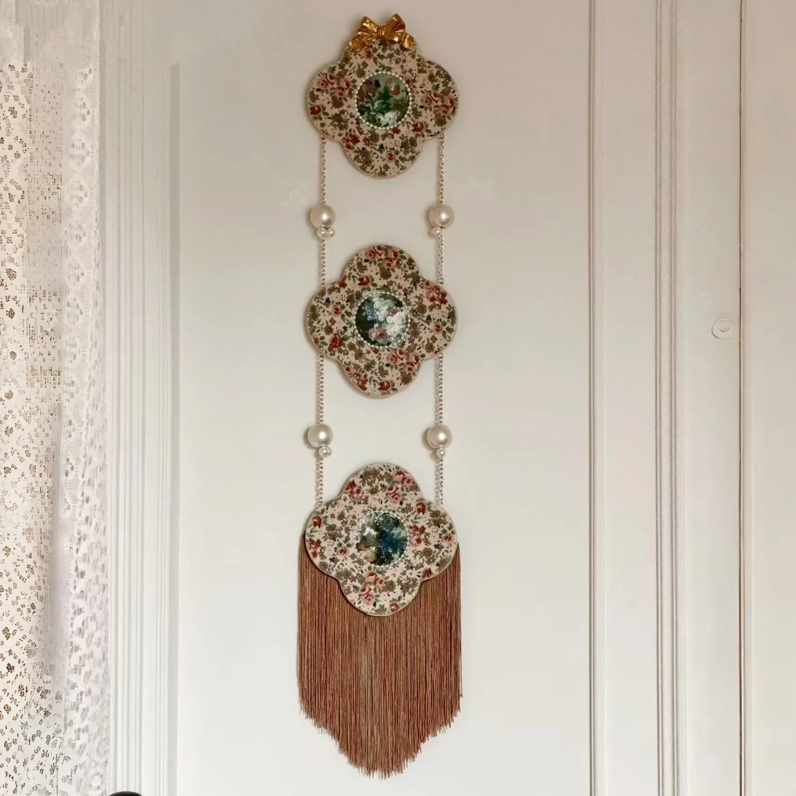 French vintage vintage velvet triple tassel wall hanging, European-style entryway bedroom hanging painting, decorative painting