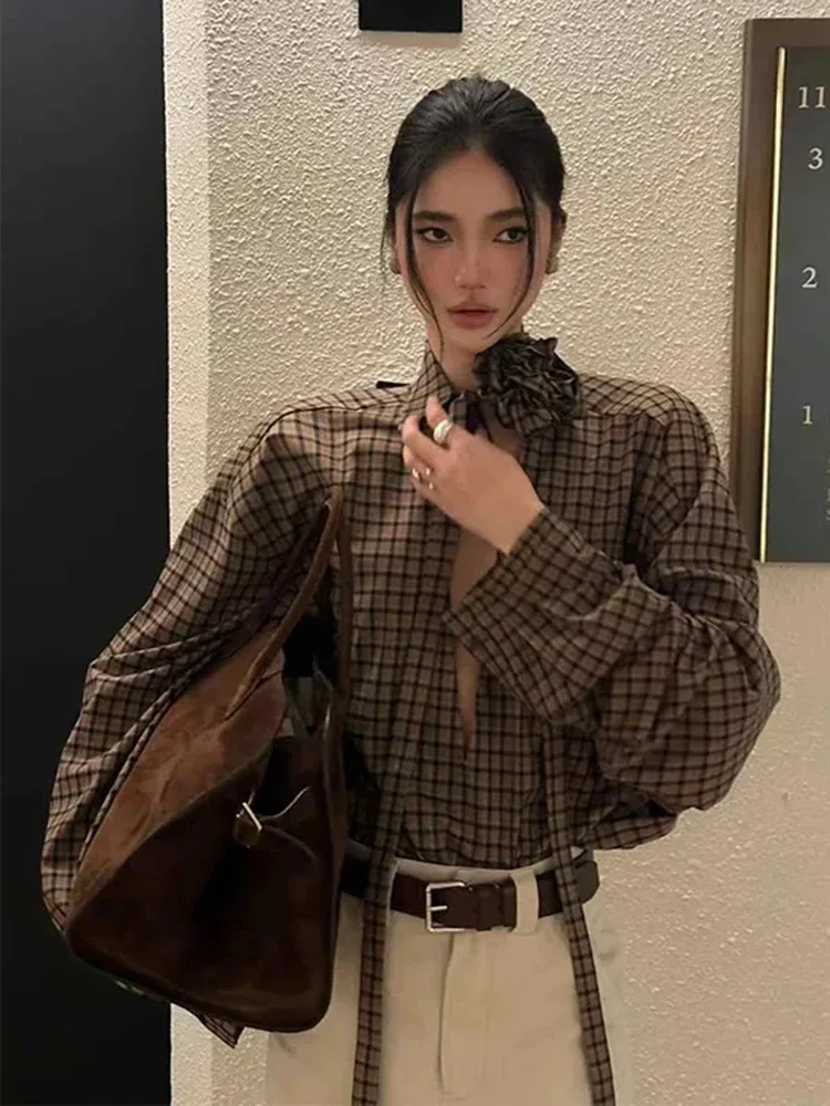 Jmprs-camisas a cuadros Y2K caladas para mujer, ropa de calle Vintage, blusa con cordones florales en 3D, Top informal holgado gótico de manga larga americano