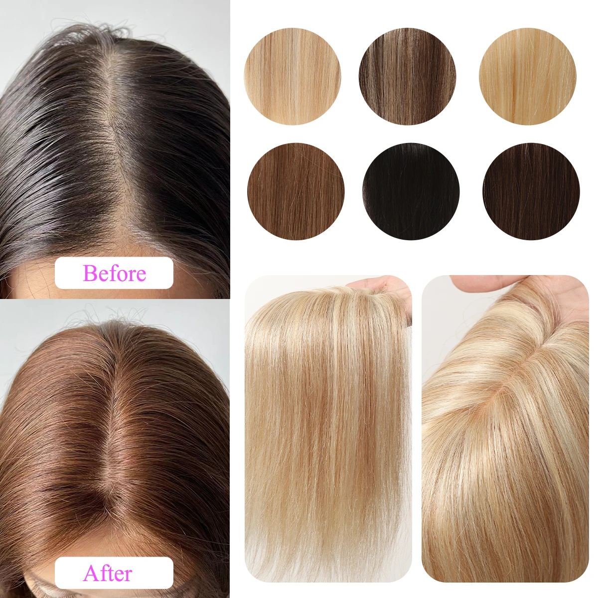 ไฮไลท์สีบลอนด์ Remy Human Hair Toppers สําหรับผู้หญิงผมบาง Afro กลางผมชิ้นฐานผ้าไหม Topper ผม