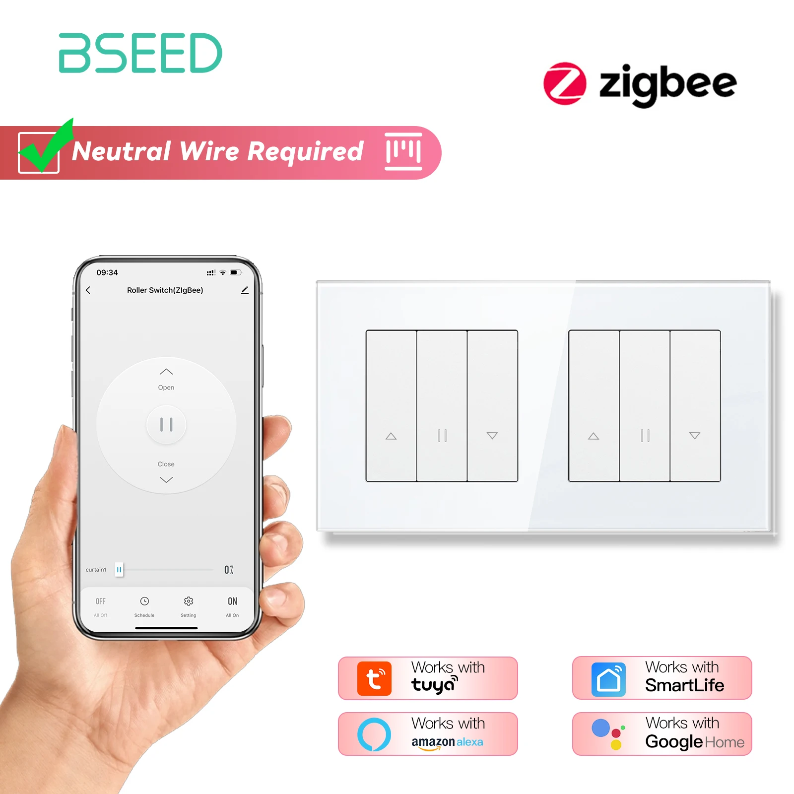 BSEED Zigbee Shutter-Schalter-Serie: Intelligente Wand-Klickschalter mit gelber Hintergrundbeleuchtung, Glasrahmen, Tuya APP, Rollenschalter, EU-Wandsteckdosen 6