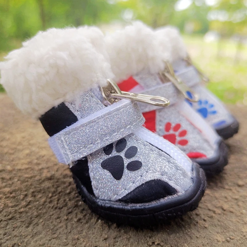 Paw Print Shoes For Small Large Dogs Winter Thicken Snow Pet Boots 4pcs/set French Bulldog Chihuahua 8 Size Cat Pugs Foot Wear view 2