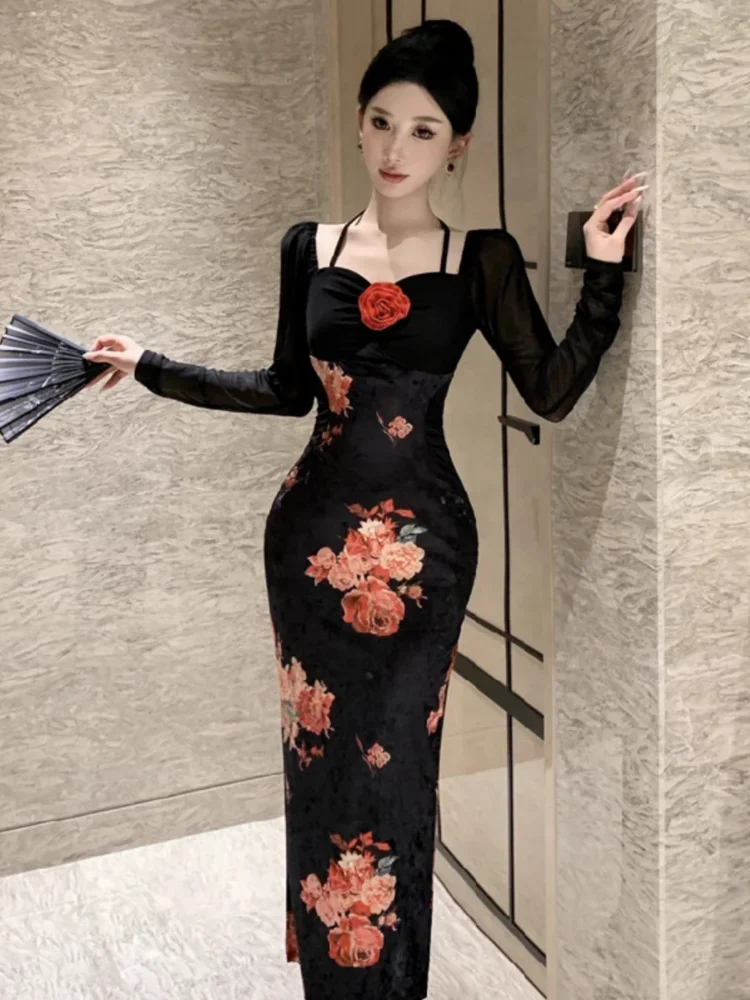 Topanoma Evening Dresses Women Vintage Sexy Flowers Velvet Patchwork Mesh Long Sleeve Square Collar Vintage Cocktail Dress Party