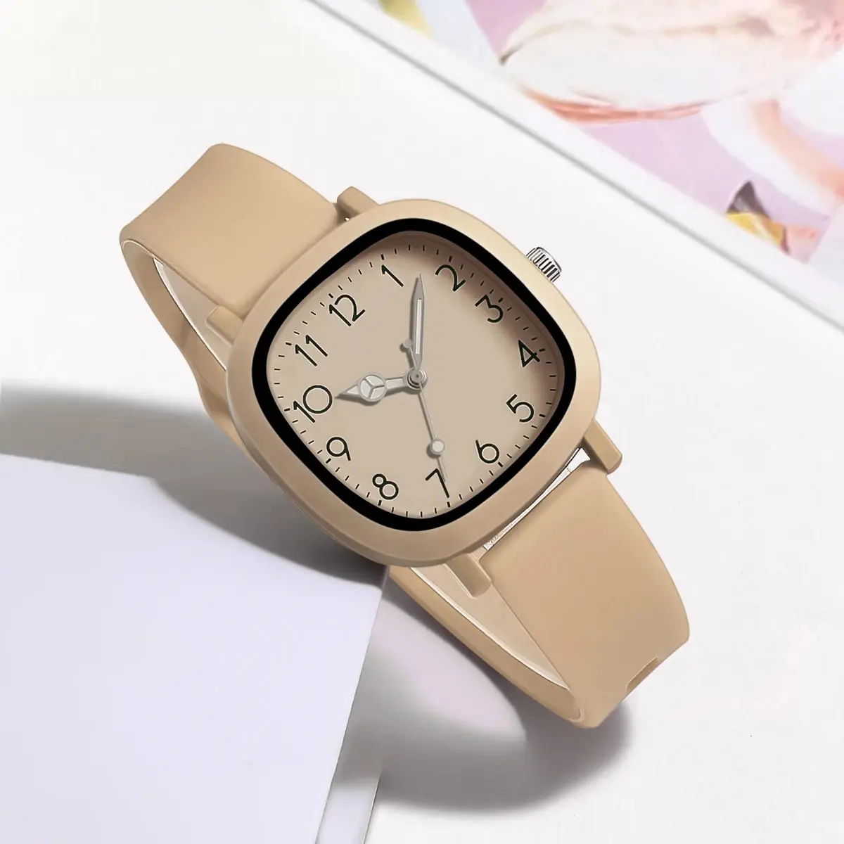 Fashion Classic Simple Square Color Matching Digital Literal Silicone Strap Female Watch