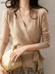 Cardigan con lacci Donna Elegante Office Lady Temperamento maturo Solido Semplice Nuova primavera Maglieria Chic Scollo a V Morbidi maglioni casual