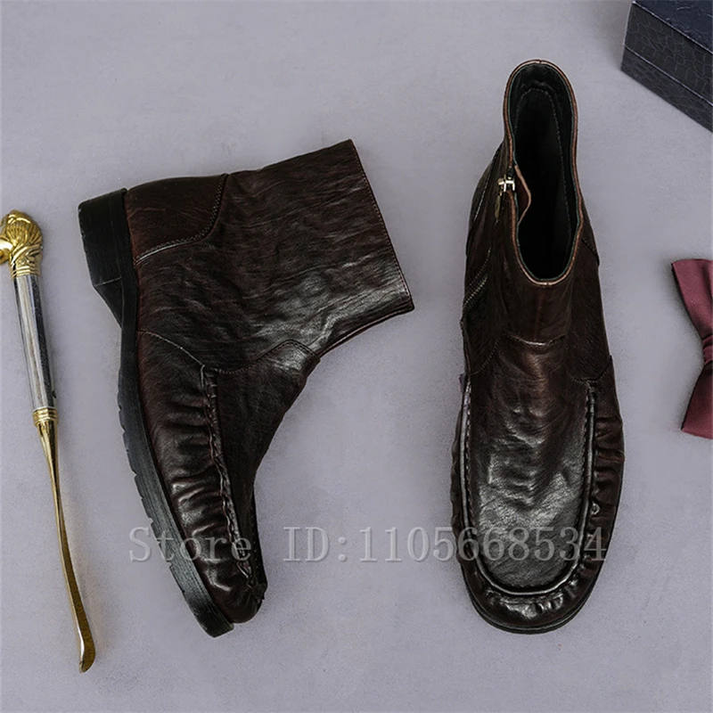 Men Winter New Pleated Genuine Leather Ankle Boots Side Round Toe Zip Low Heel Formal Casual Short Boots Stylish Gentleman Shoes